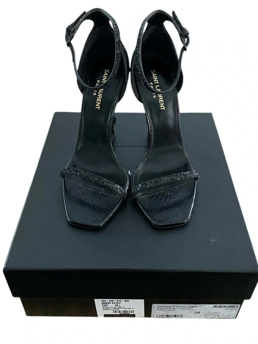 Saint Laurent Women’s Nero Glitter Black Lacquer Opyum 110 Open Toe Heel Size 38